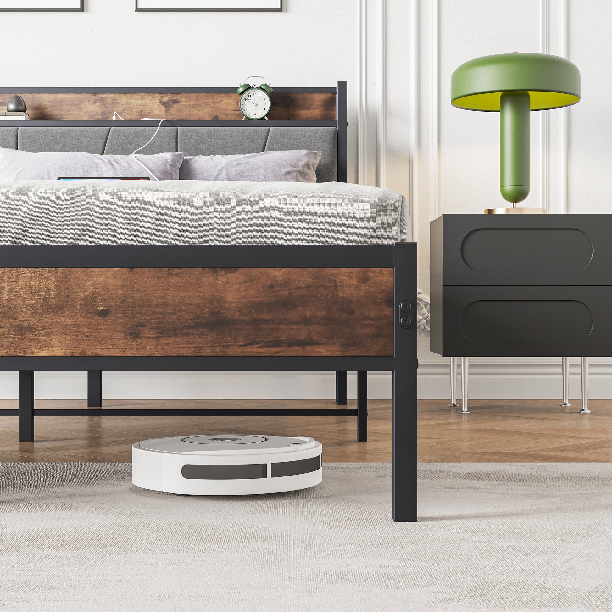 Queen-Sized Platform Bedframe with Storage and Rustic Wooden Head Board