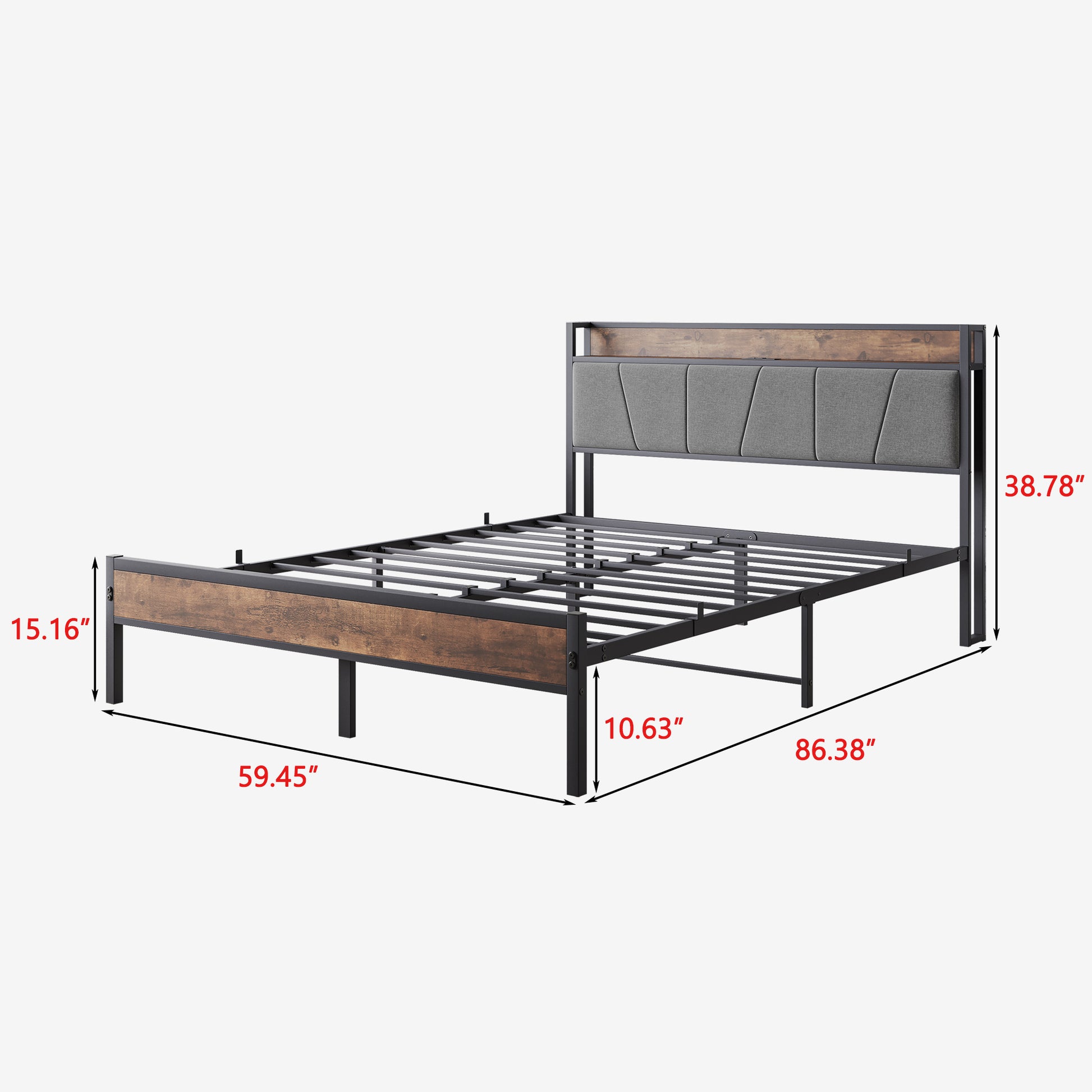 Queen-Sized Platform Bedframe with Storage and Rustic Wooden Head Board