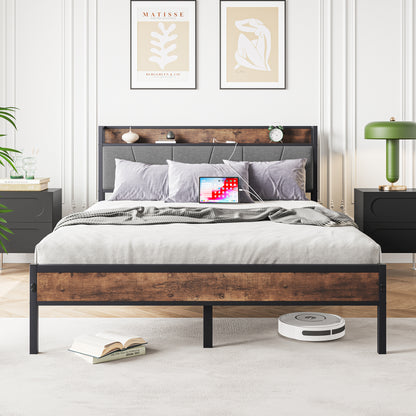 Queen-Sized Platform Bedframe with Storage and Rustic Wooden Head Board