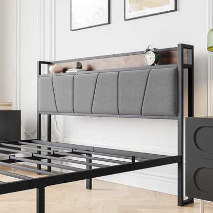 Queen-Sized Platform Bedframe with Storage and Rustic Wooden Head Board