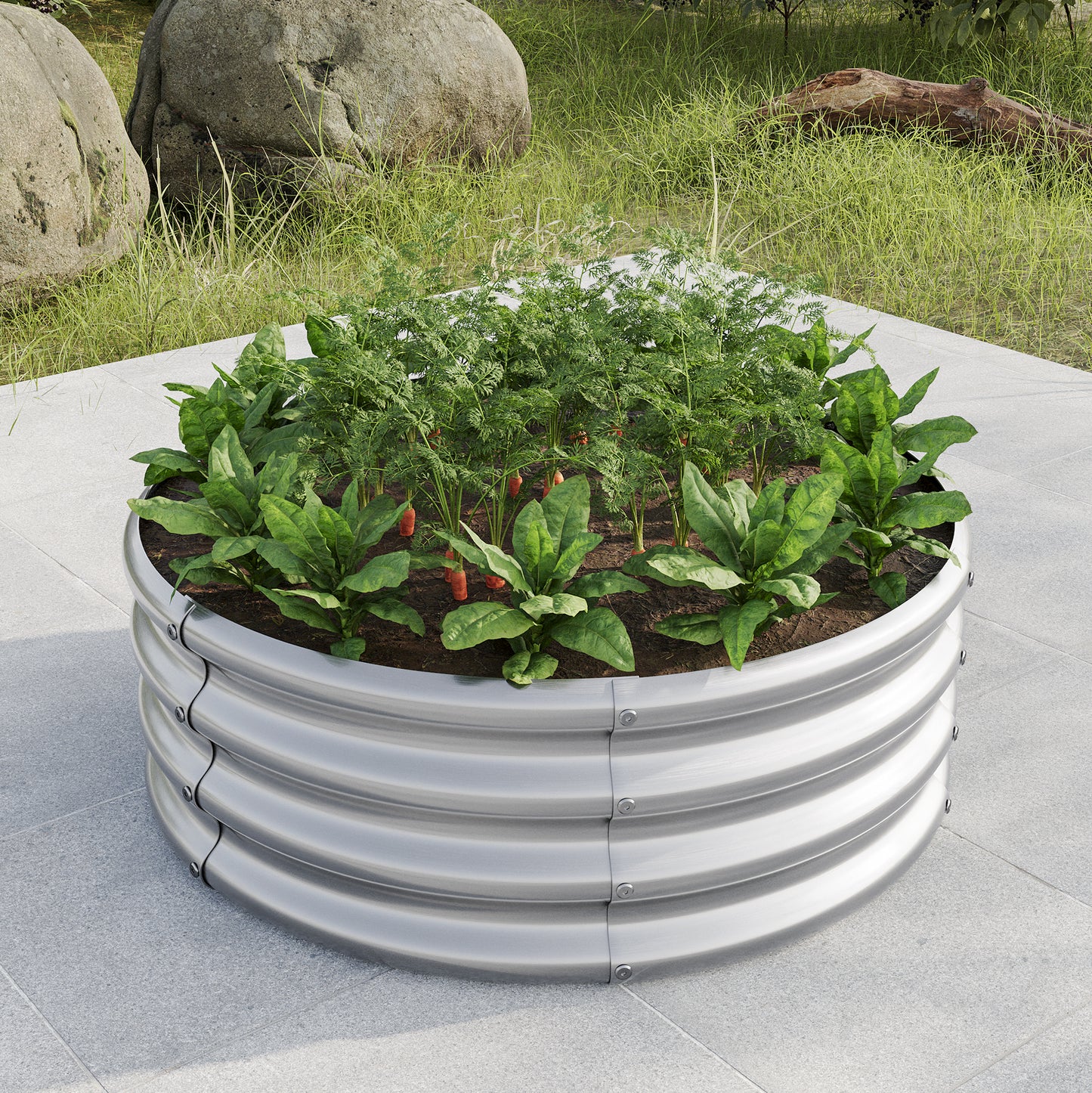 50 Gallons Tall and Round Raised Planter Outdoor Garden Herbs and Vegetable Bed- Silver