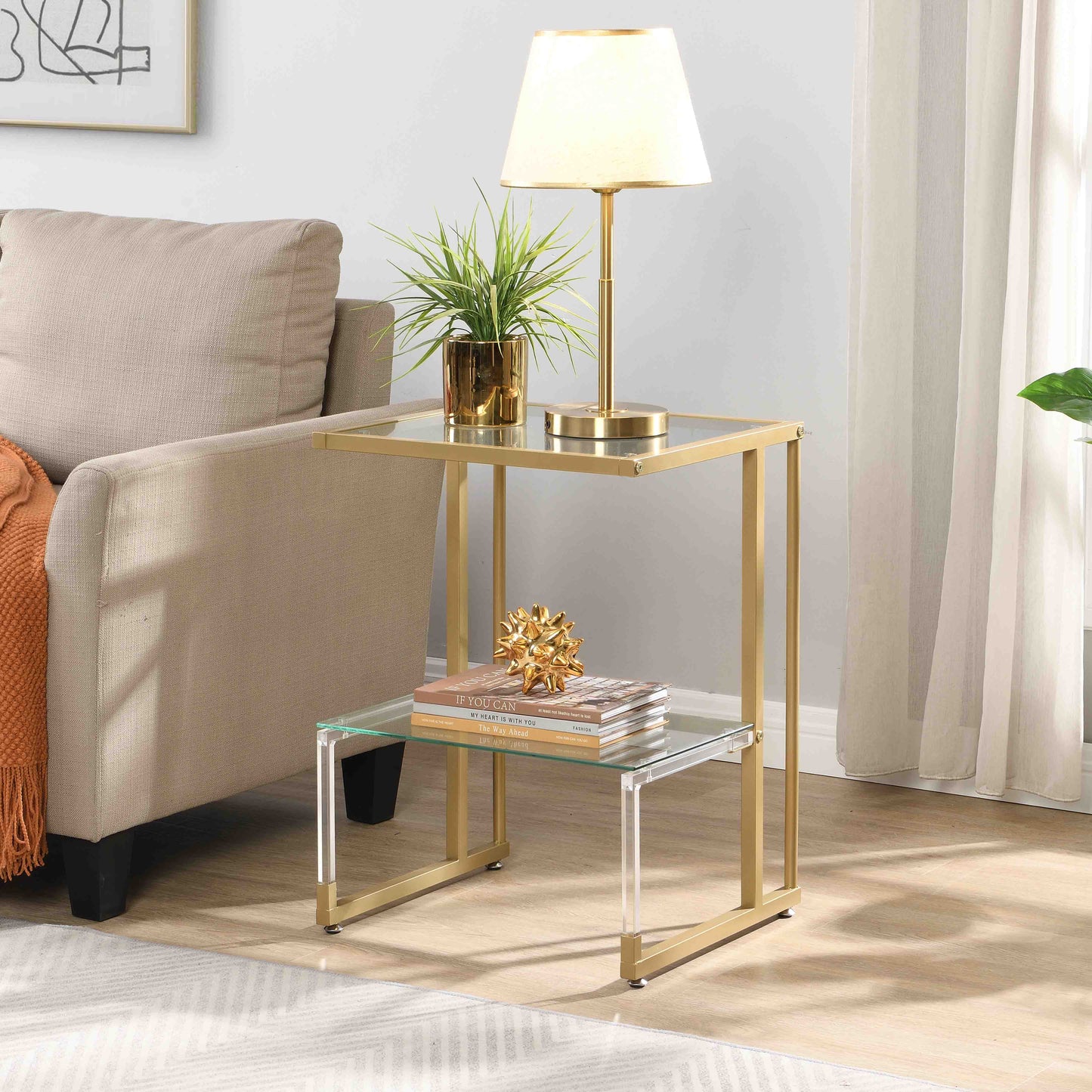 2-Tier Acrylic Glass End Table with Golden Side for Living Room