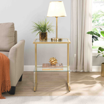2-Tier Acrylic Glass End Table with Golden Side for Living Room