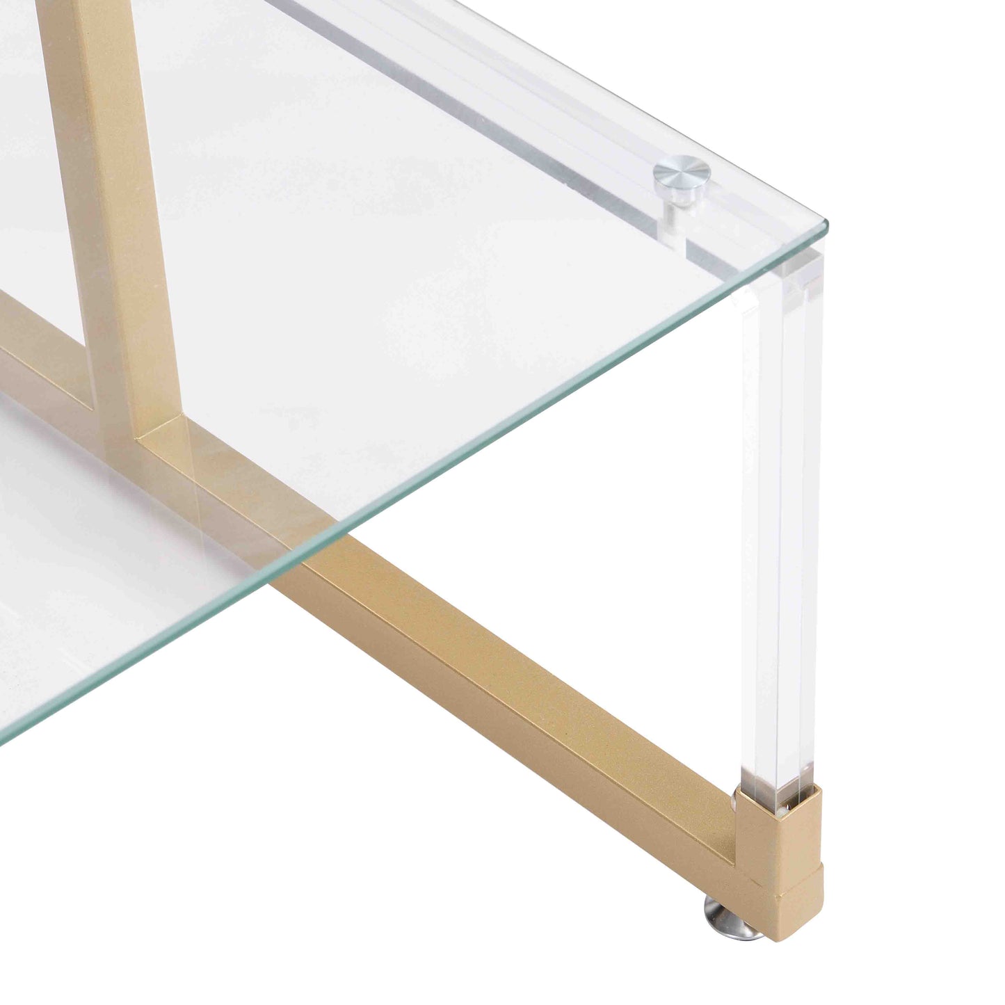 2-Tier Acrylic Glass End Table with Golden Side for Living Room