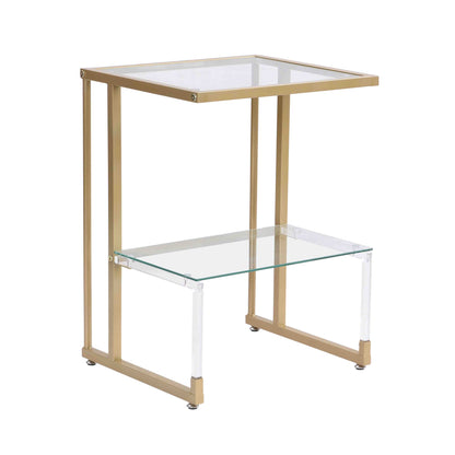2-Tier Acrylic Glass End Table with Golden Side for Living Room