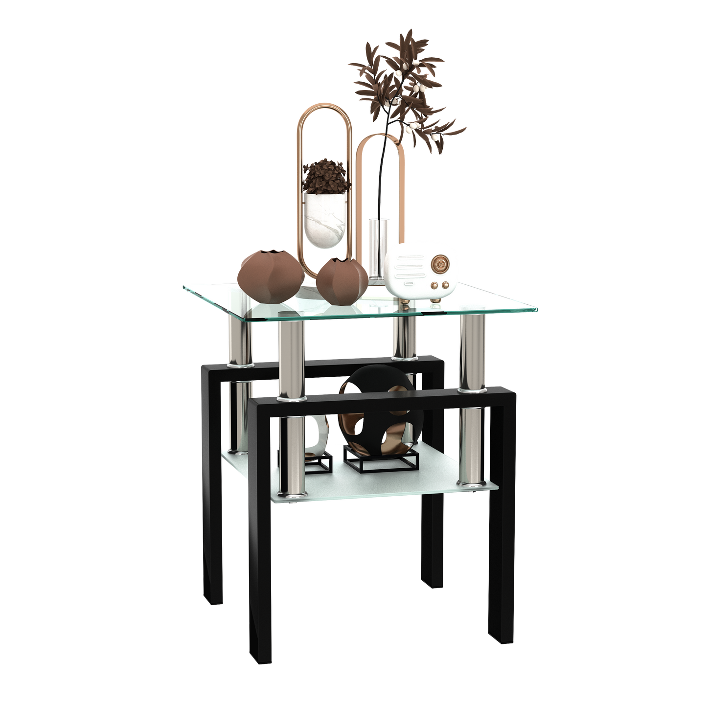 Tempered Glass Bedside Corner Coffee Table Contemporary End Table in Black