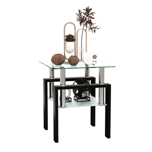 Tempered Glass Bedside Corner Coffee Table Contemporary End Table in Black