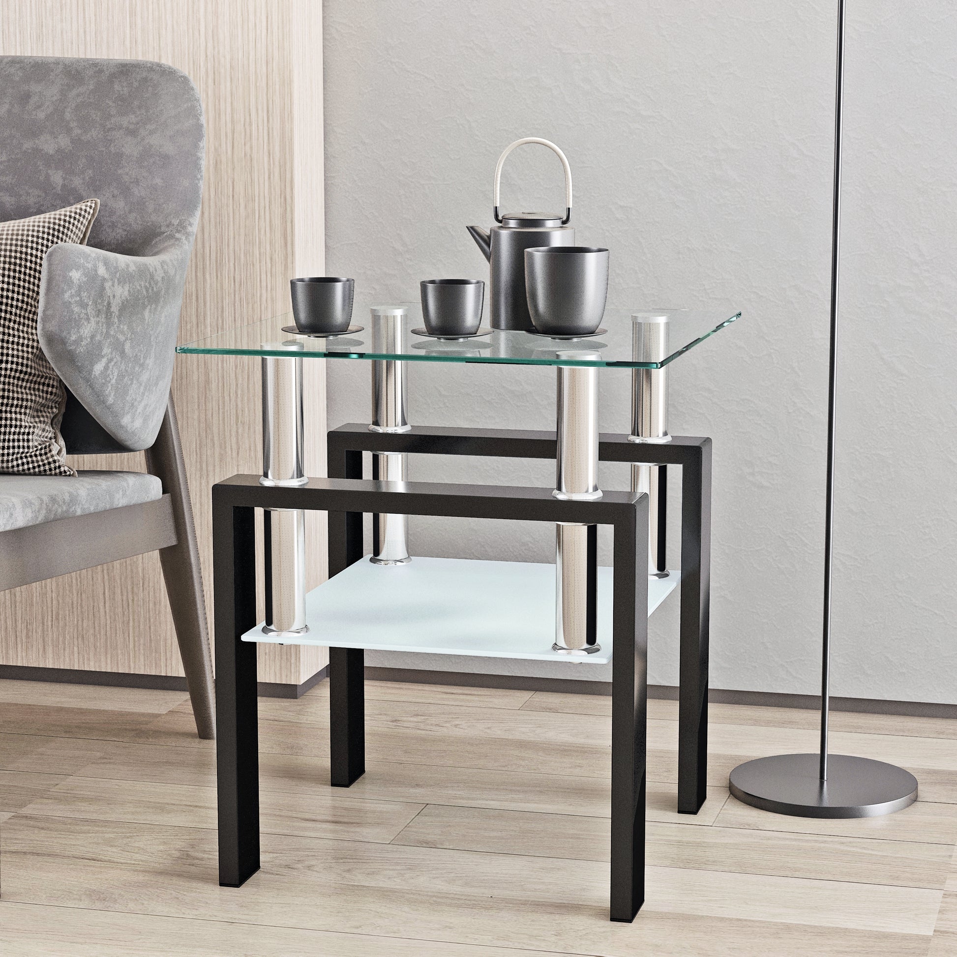 Tempered Glass Bedside Corner Coffee Table Contemporary End Table in Black
