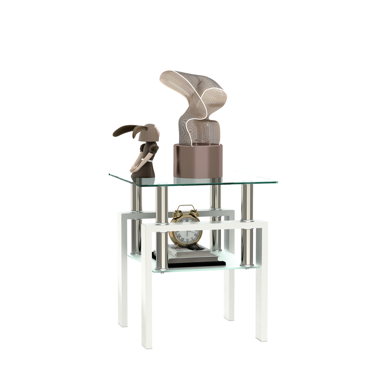 Tempered Glass Bedside Corner Coffee Table Contemporary End Table in White