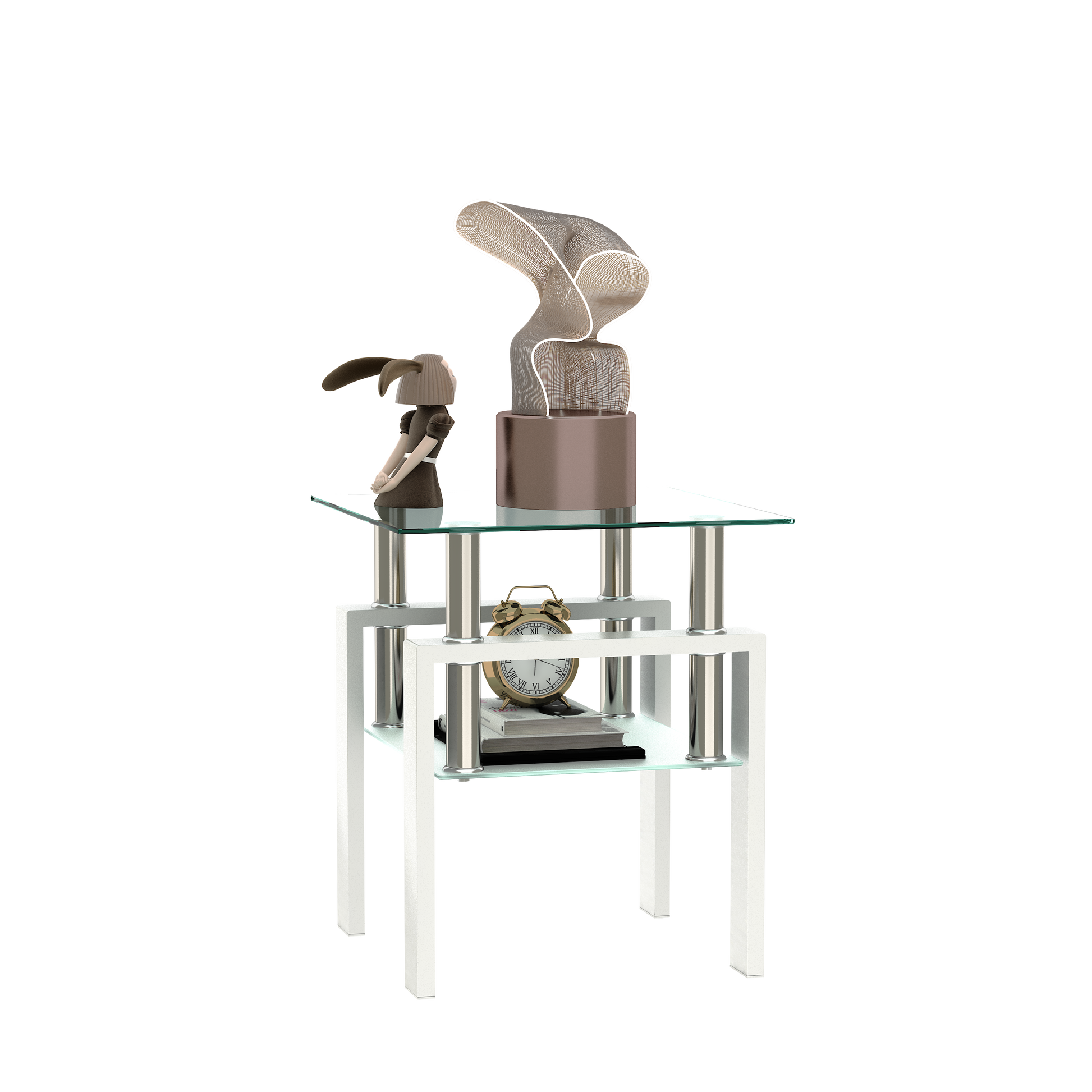 Tempered Glass Bedside Corner Coffee Table Contemporary End Table in White