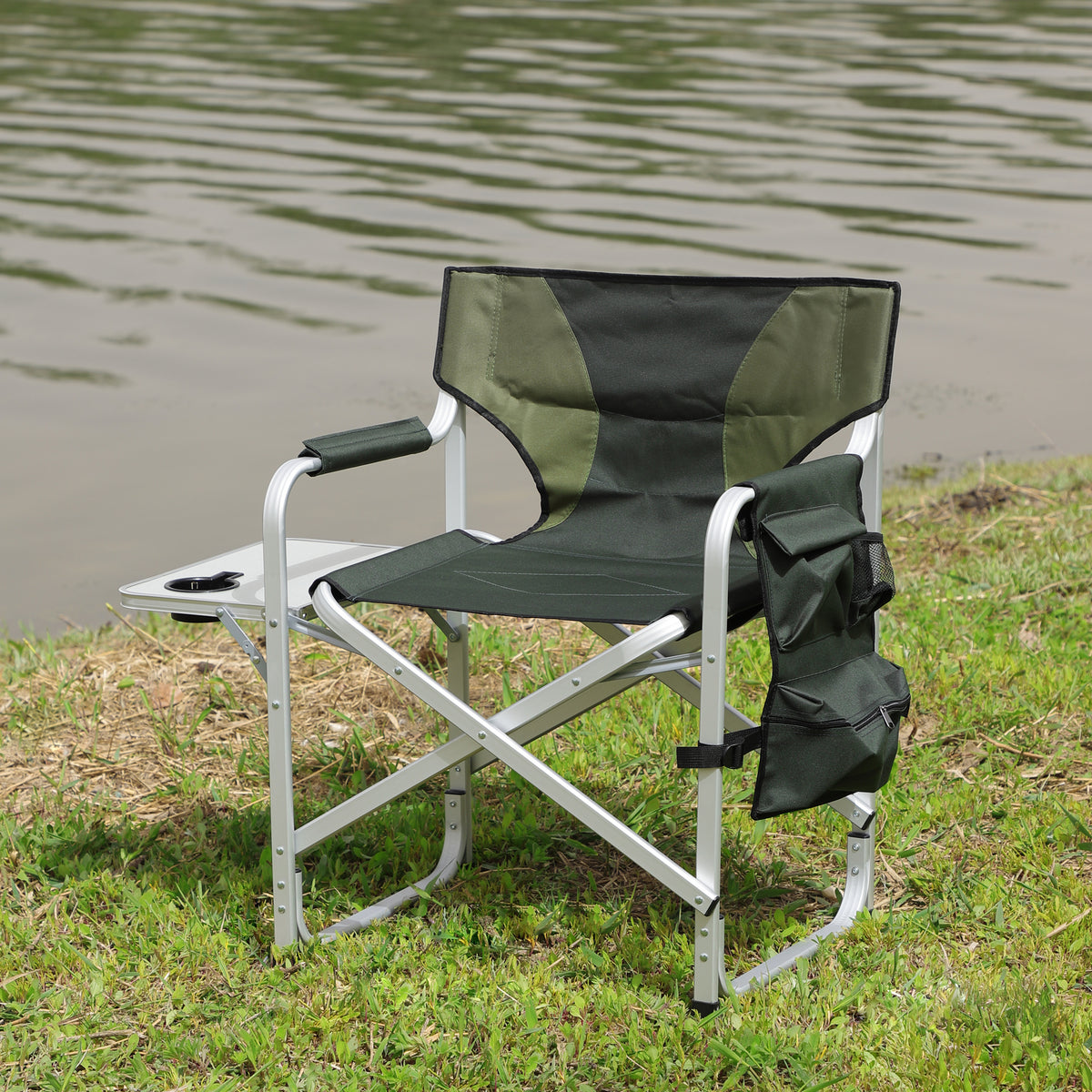Padded Folding Indoor and Outdoor Chair with Side Table and Storage Pockets- Green