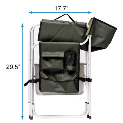 Padded Folding Indoor and Outdoor Chair with Side Table and Storage Pockets- Green