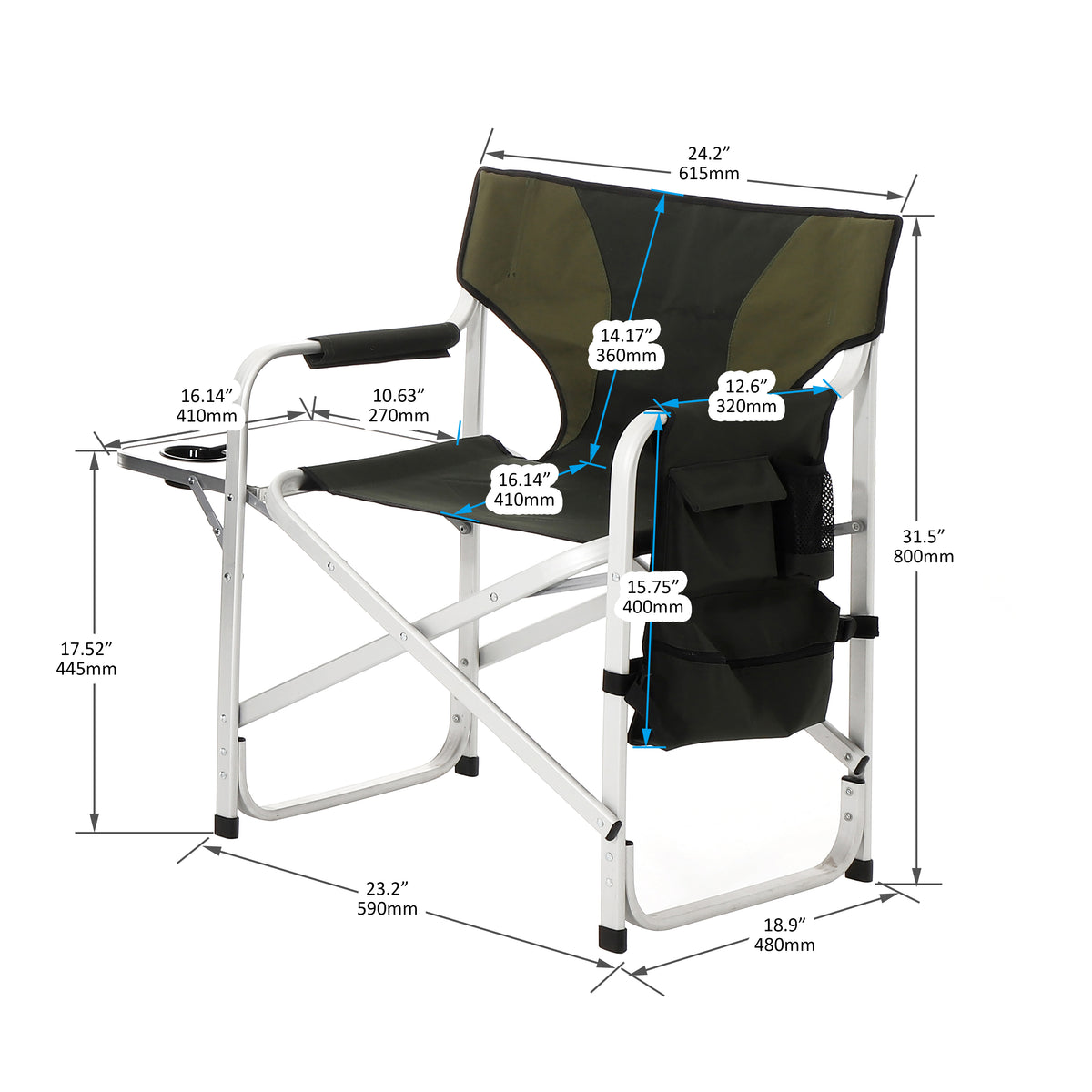 Padded Folding Indoor and Outdoor Chair with Side Table and Storage Pockets- Green