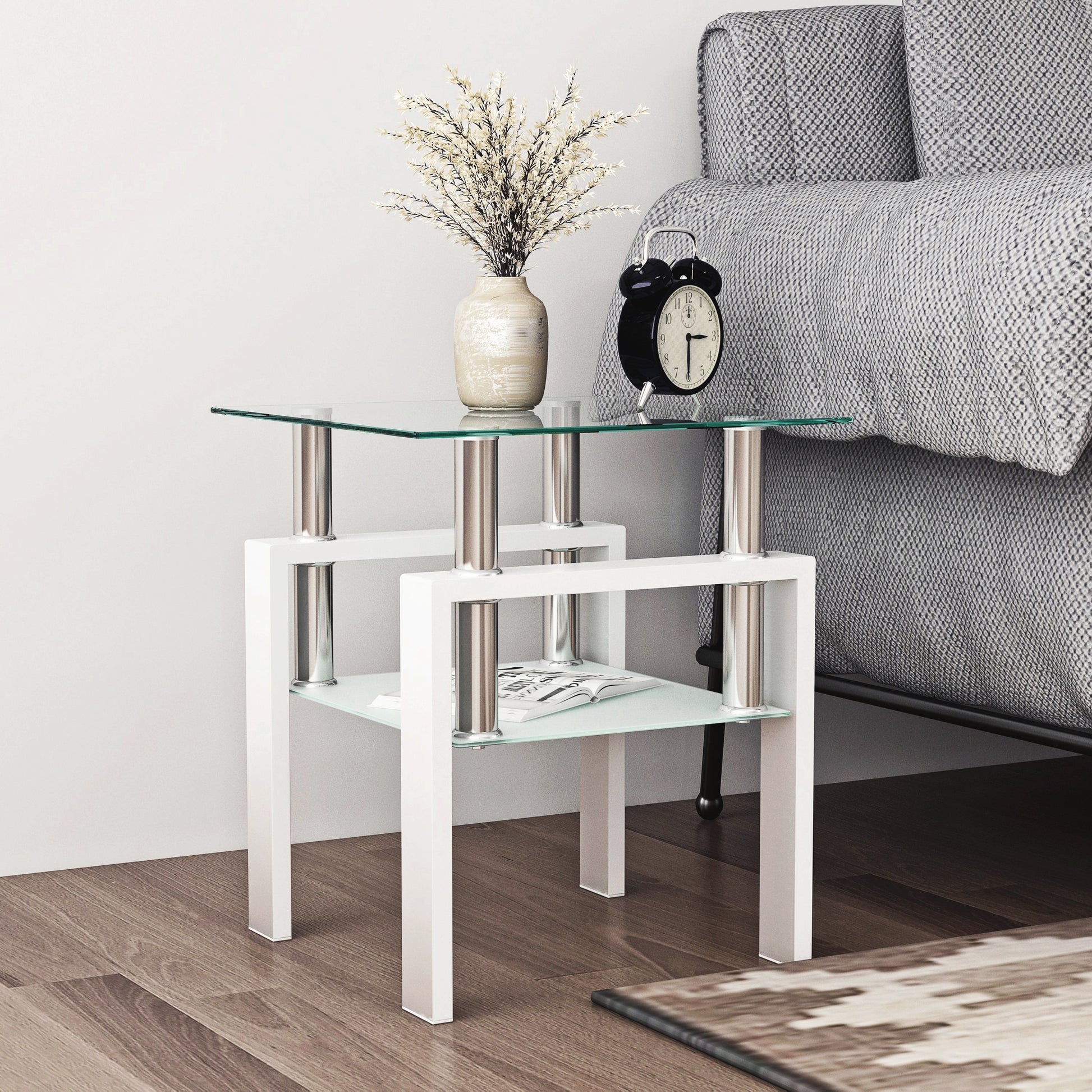 Tempered Glass Bedside Corner Coffee Table Contemporary End Table in White