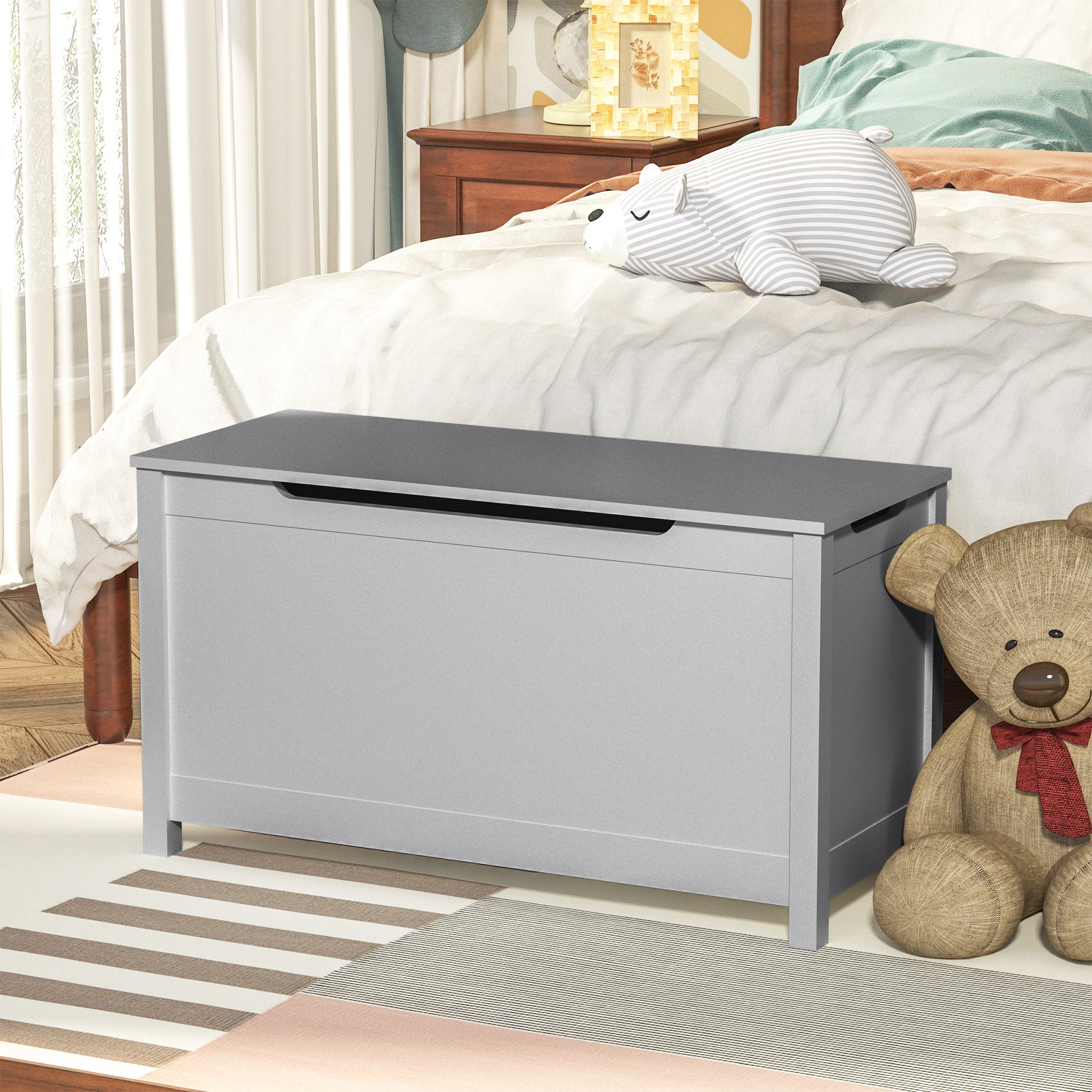 Kids Wooden Toy Box Storage with Safety Hinged Lid for Ages 3+ -Gray