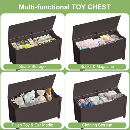 Kids Wooden Toy Box Storage with Safety Hinged Lid for Ages 3+ -Dark Brown