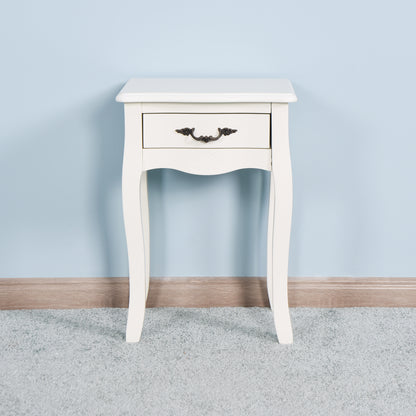Modern and Elegant Floor Standing Bedside Table with Curved Legs and Drawer- White