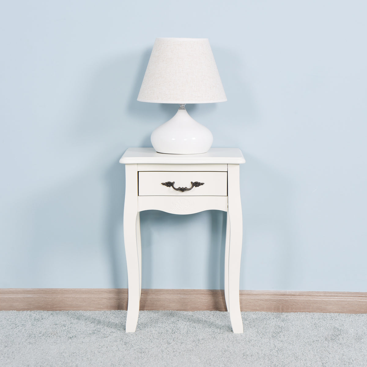 Modern and Elegant Floor Standing Bedside Table with Curved Legs and Drawer- White