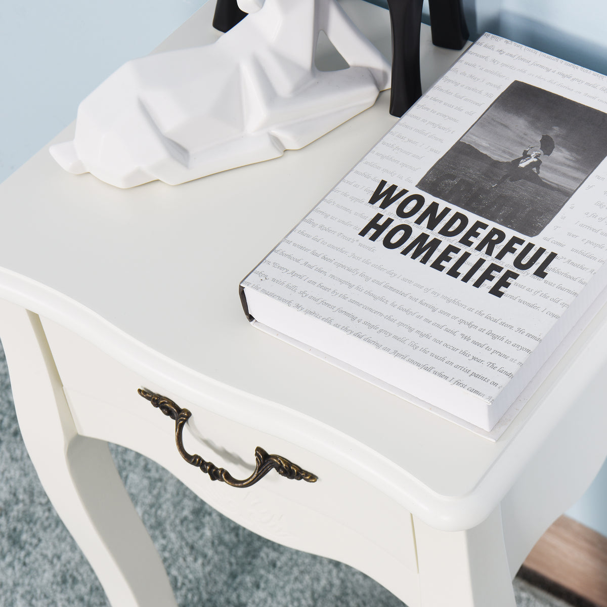 Modern and Elegant Floor Standing Bedside Table with Curved Legs and Drawer- White