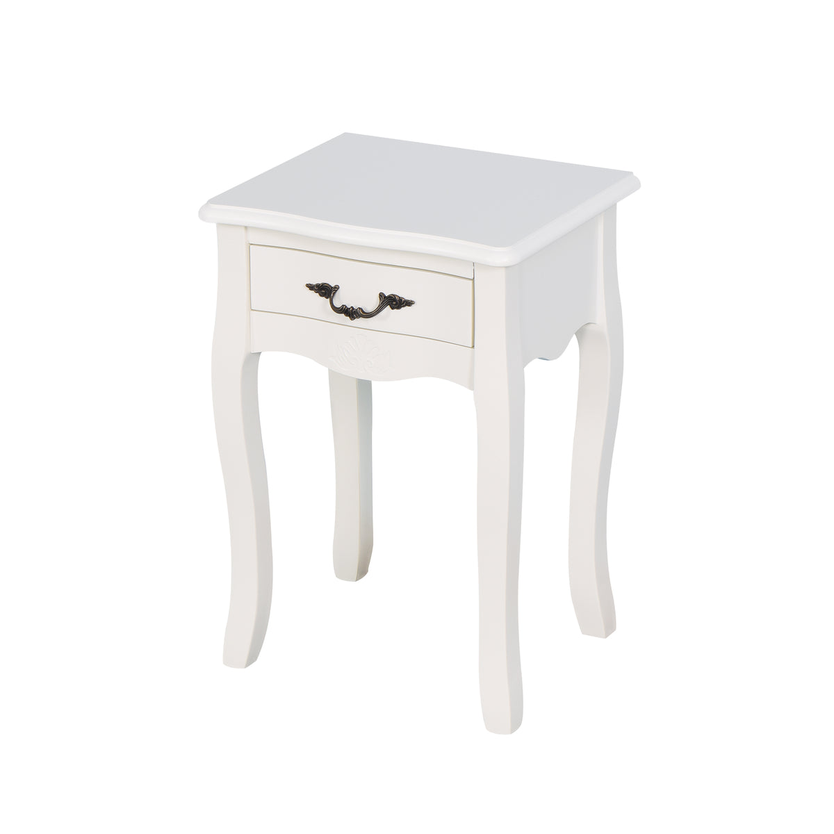 Modern and Elegant Floor Standing Bedside Table with Curved Legs and Drawer- White