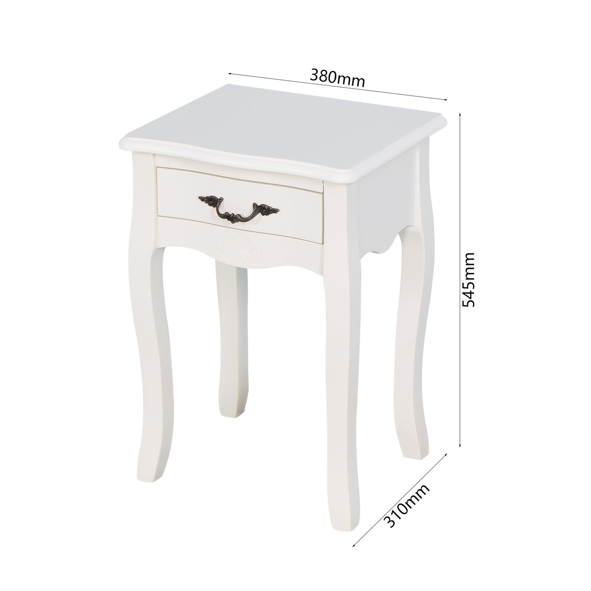 Modern and Elegant Floor Standing Bedside Table with Curved Legs and Drawer- White