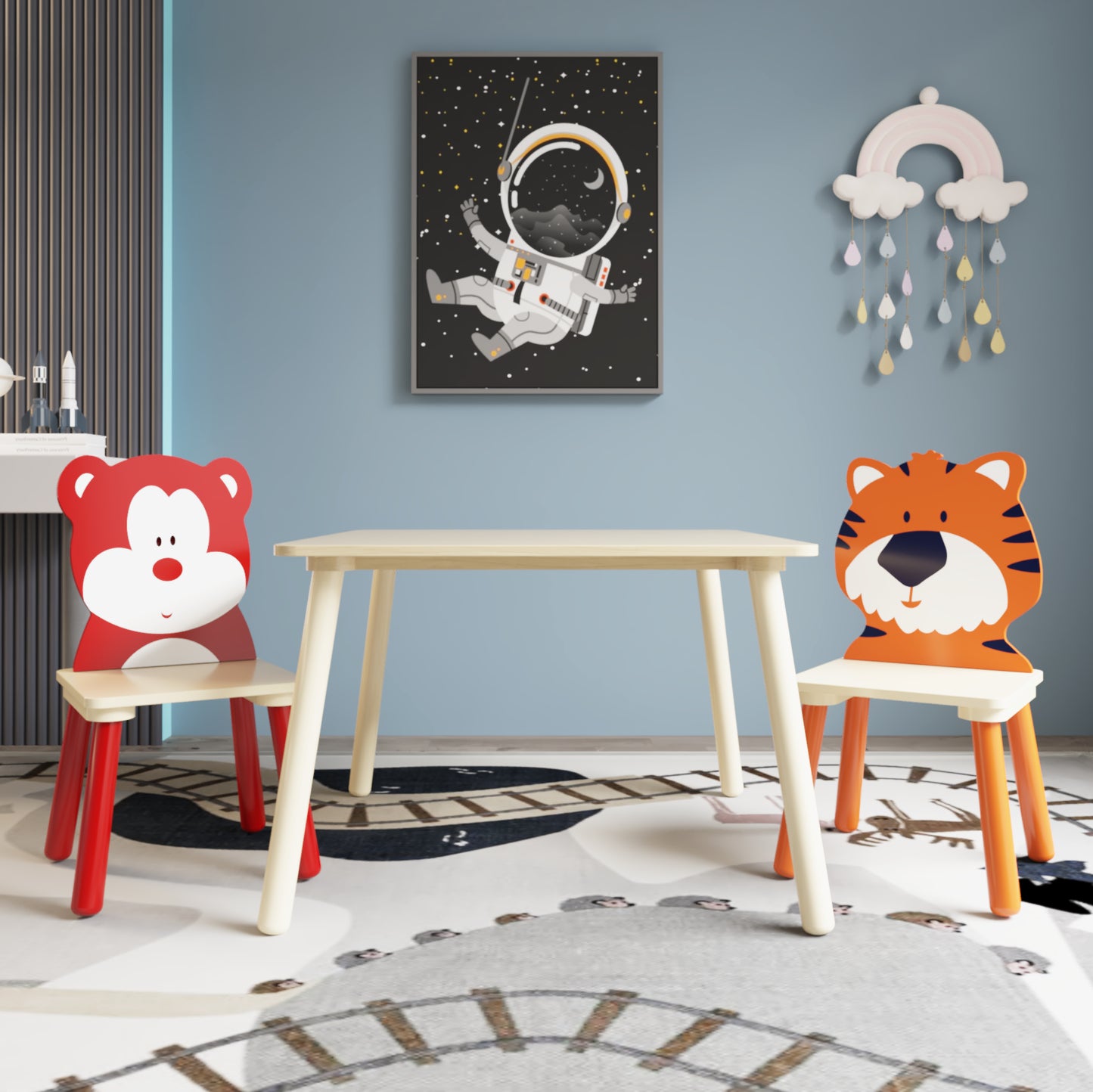 Animal Designed Kid’s Wooden Table with 2 Chair Set Activity Play Table Set (Bear, Tiger)