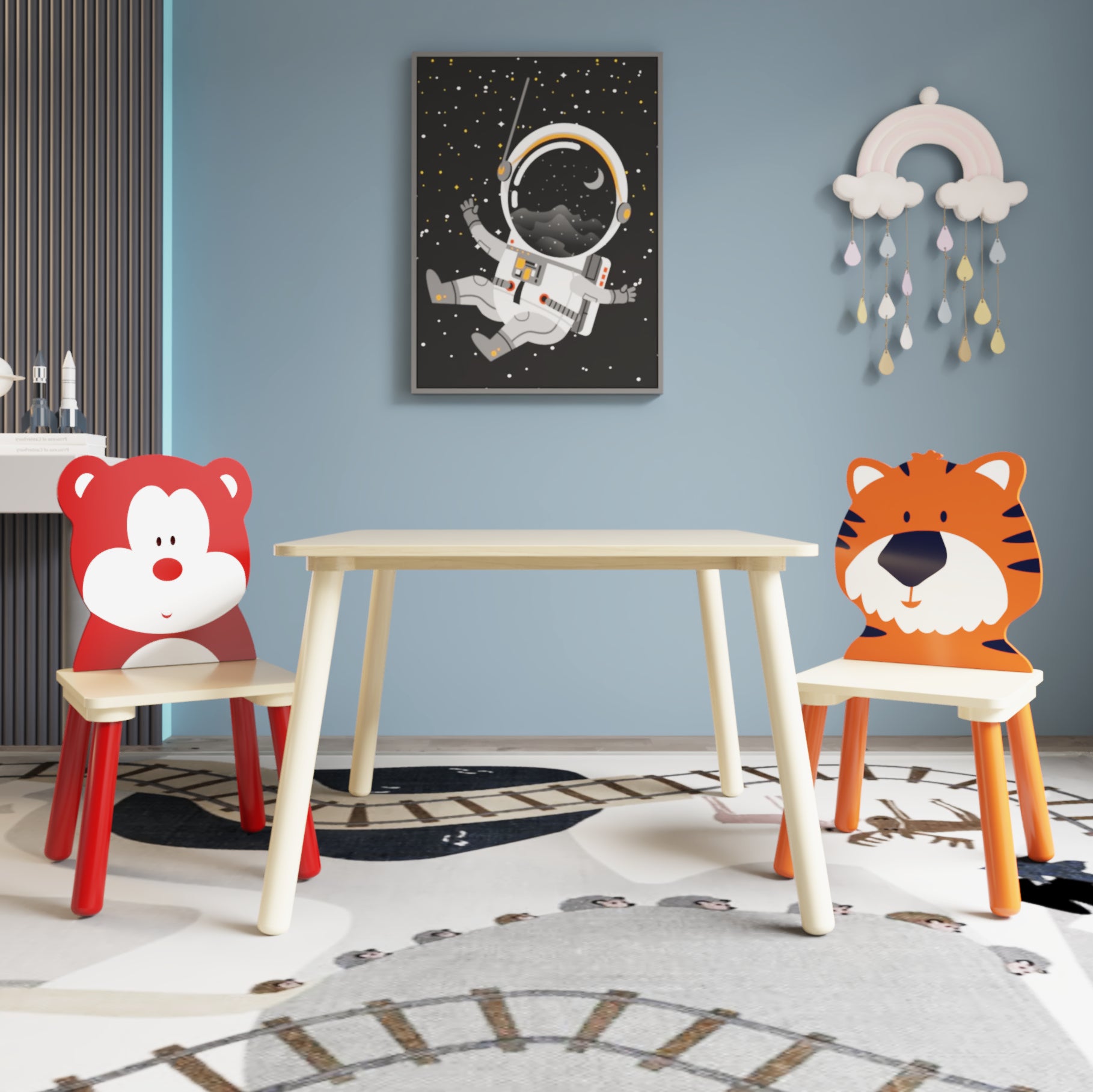 Animal Designed Kid’s Wooden Table with 2 Chair Set Activity Play Table Set (Bear, Tiger)