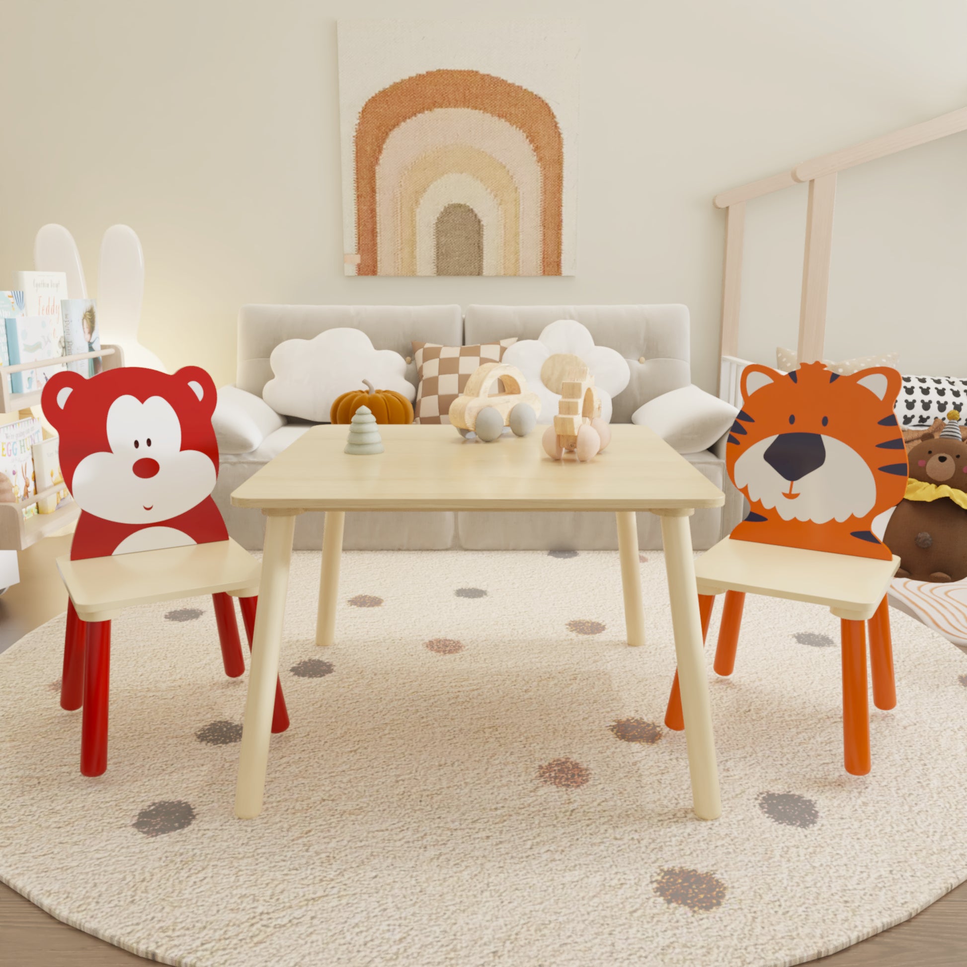 Animal Designed Kid’s Wooden Table with 2 Chair Set Activity Play Table Set (Bear, Tiger)