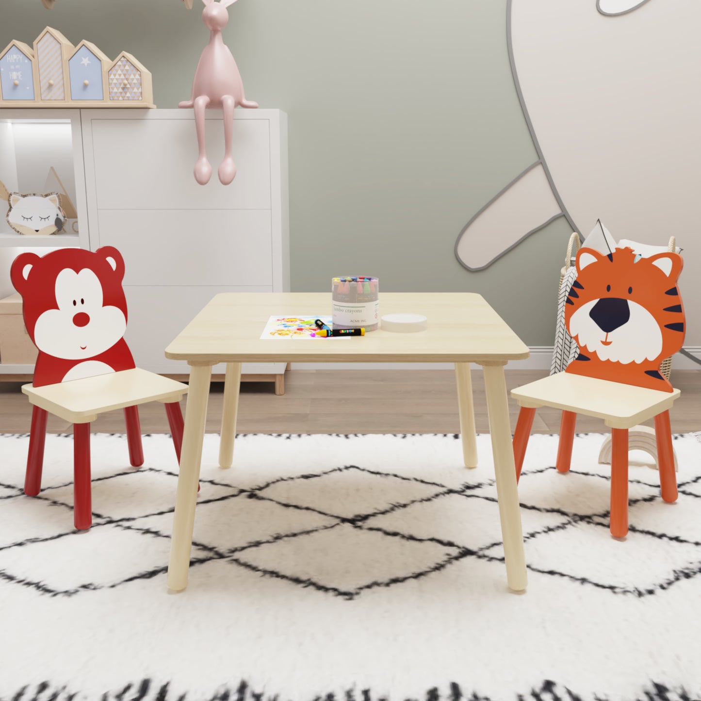 Animal Designed Kid’s Wooden Table with 2 Chair Set Activity Play Table Set (Bear, Tiger)