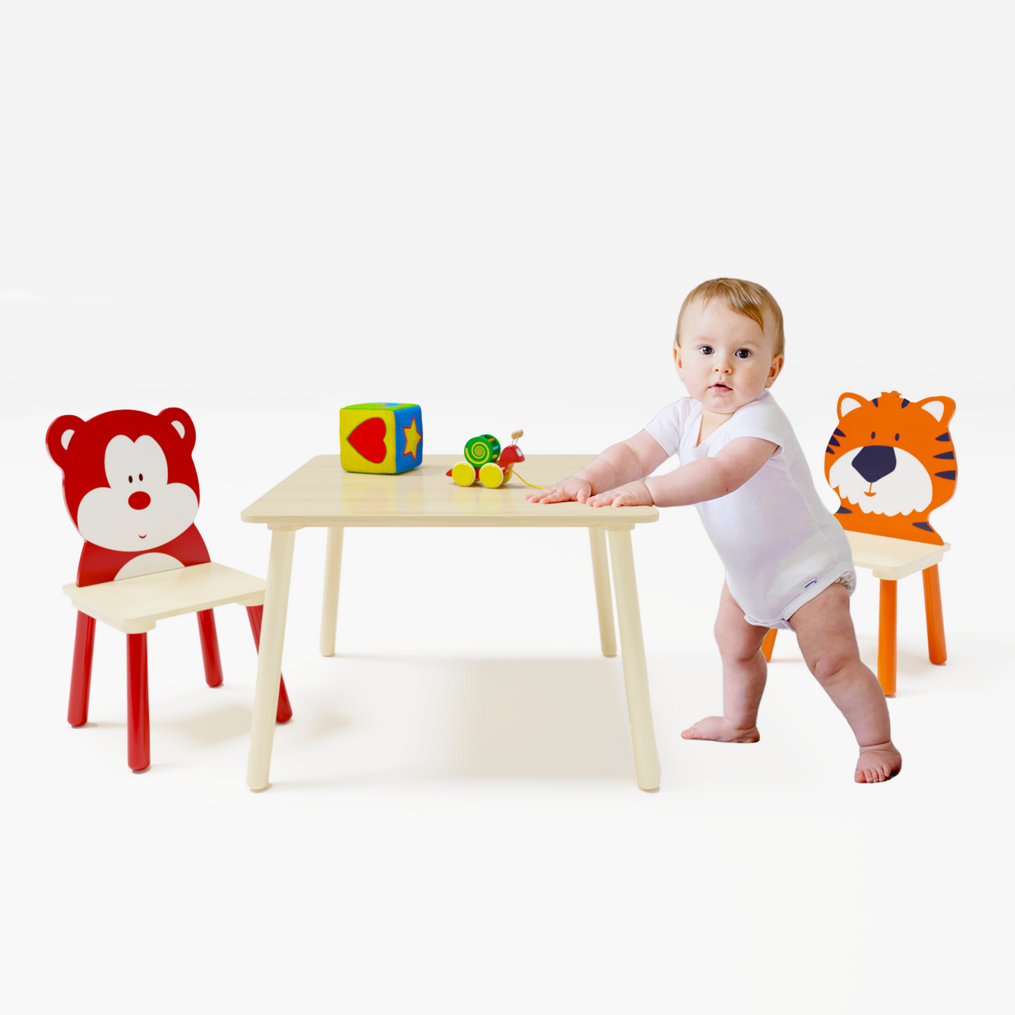 Animal Designed Kid’s Wooden Table with 2 Chair Set Activity Play Table Set (Bear, Tiger)
