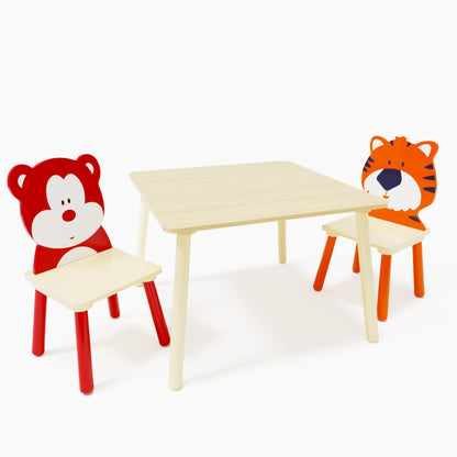 Animal Designed Kid’s Wooden Table with 2 Chair Set Activity Play Table Set (Bear, Tiger)