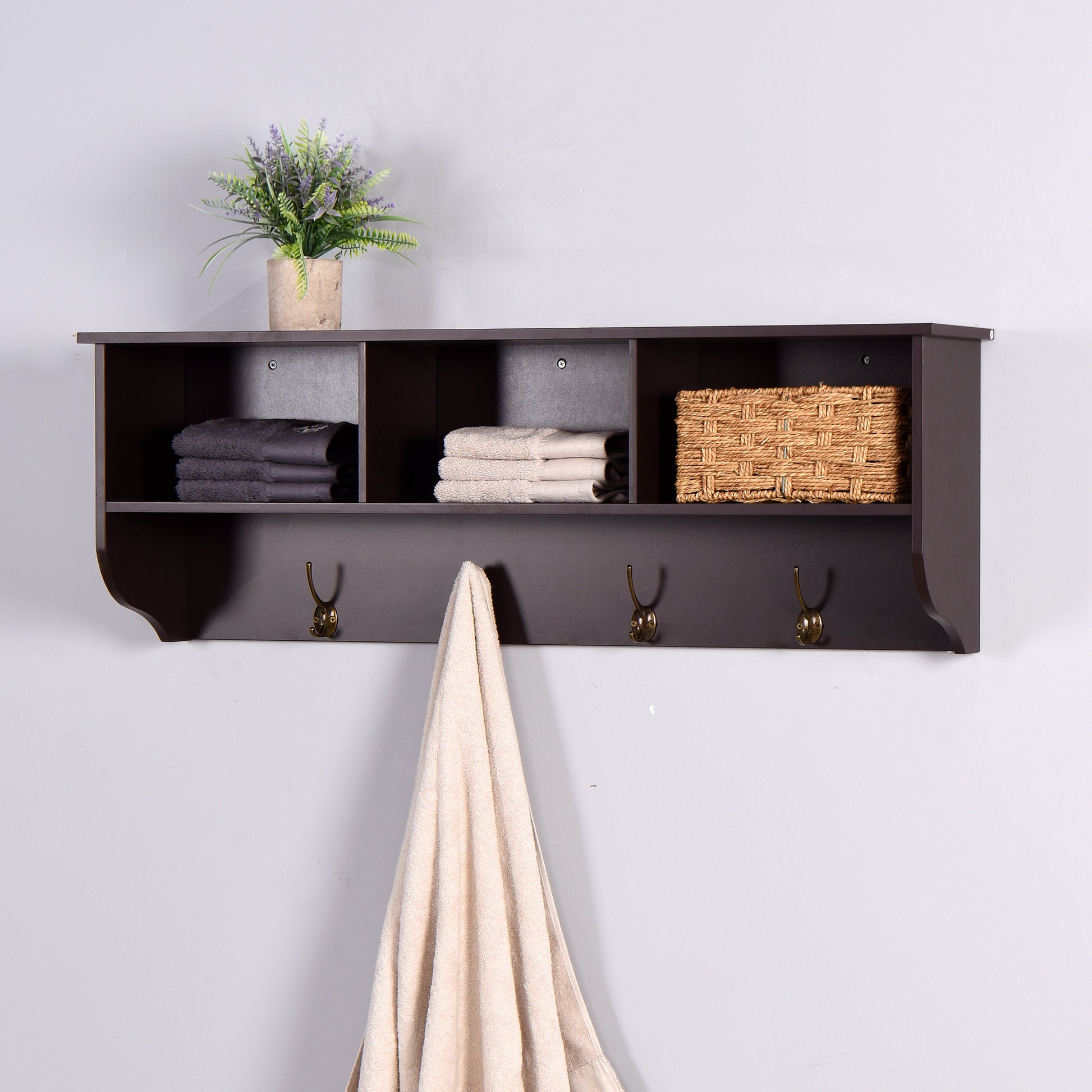 Entryway Wall Mounted Coat Rack with 4 Dual Hooks Wooden Shelf- Espresso