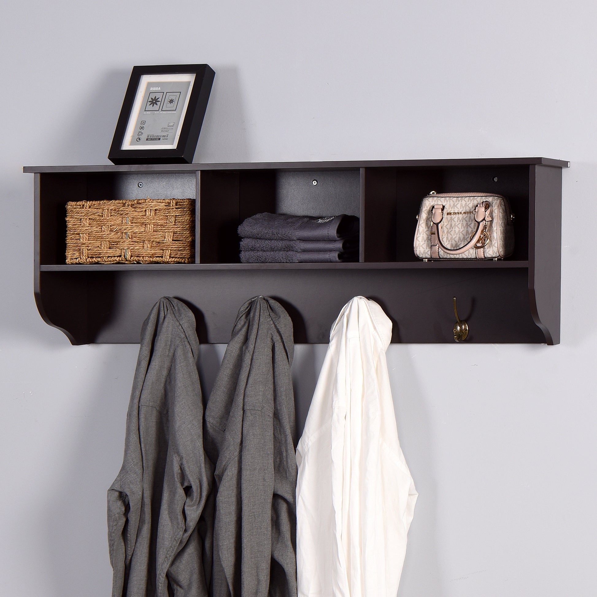 Entryway Wall Mounted Coat Rack with 4 Dual Hooks Wooden Shelf- Espresso