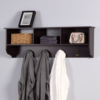 Entryway Wall Mounted Coat Rack with 4 Dual Hooks Wooden Shelf- Espresso