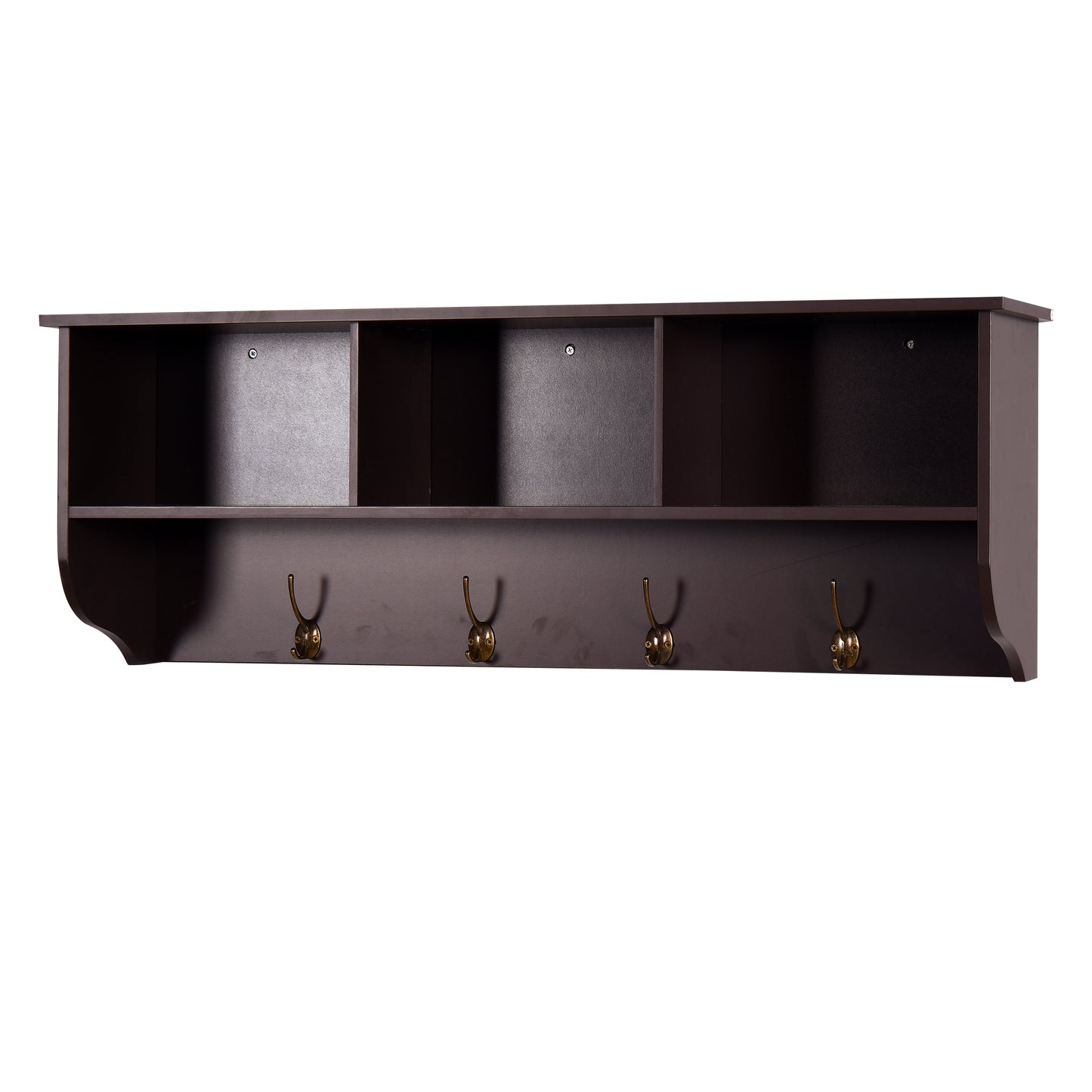 Entryway Wall Mounted Coat Rack with 4 Dual Hooks Wooden Shelf- Espresso