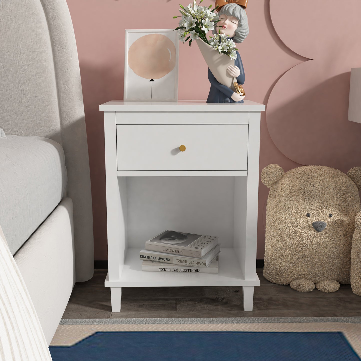 Wooden Nightstand with One Drawer and Open Shelf for Bedroom- White