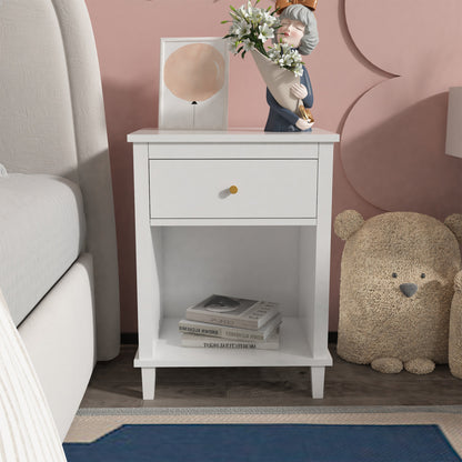 Wooden Nightstand with One Drawer and Open Shelf for Bedroom- White
