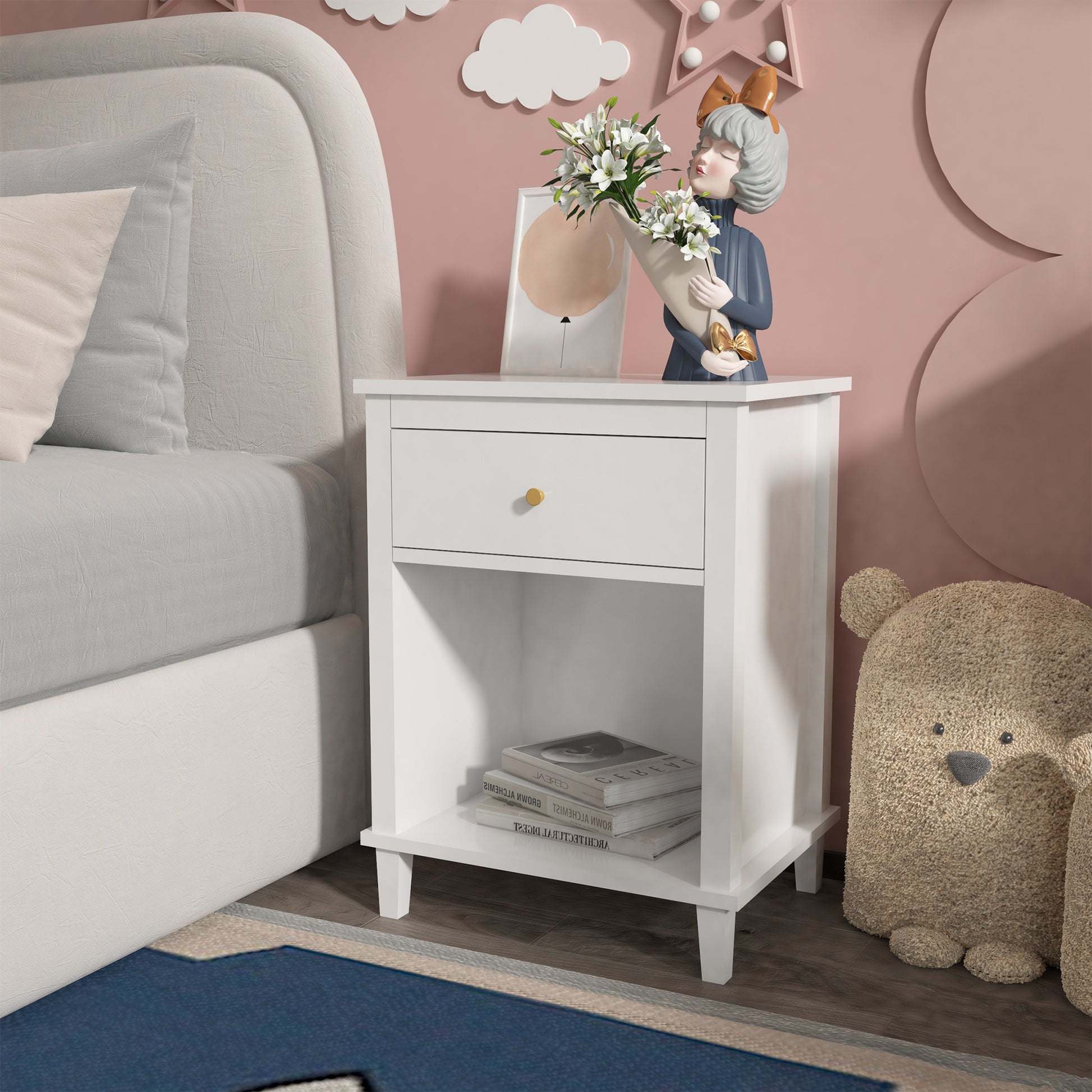 Wooden Nightstand with One Drawer and Open Shelf for Bedroom- White