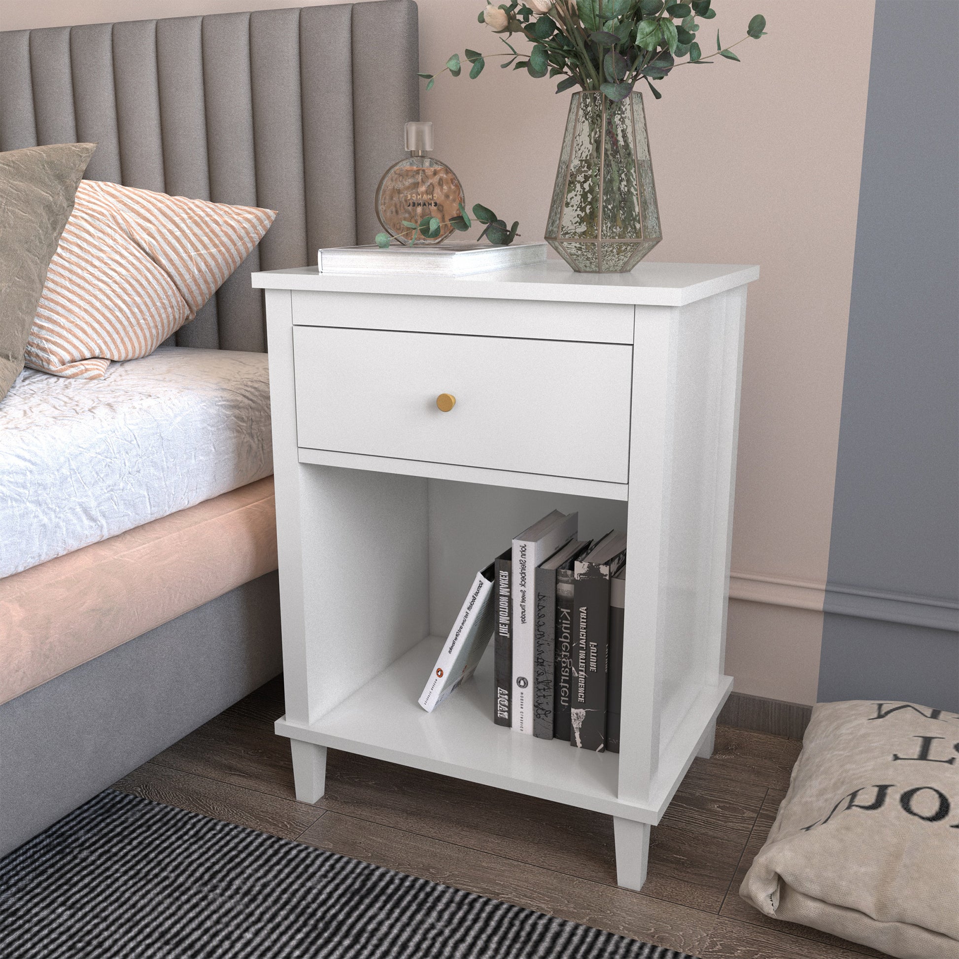 Wooden Nightstand with One Drawer and Open Shelf for Bedroom- White