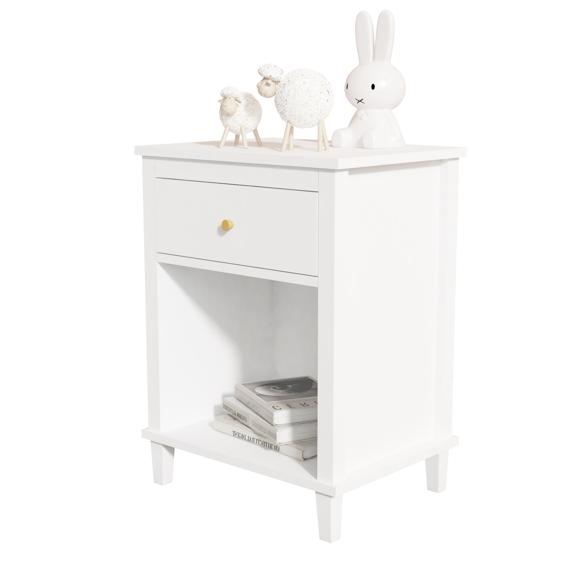 Wooden Nightstand with One Drawer and Open Shelf for Bedroom- White