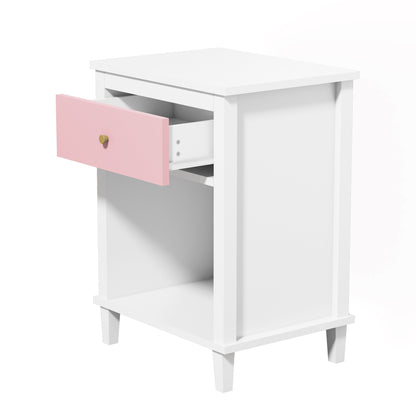 Wooden Nightstand with One Drawer and Open Shelf for Bedroom- White+Pink