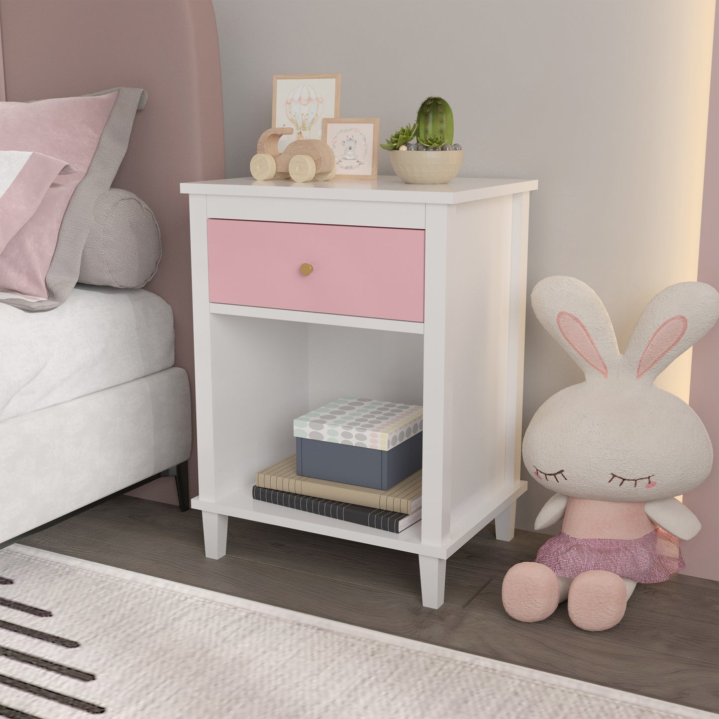 Wooden Nightstand with One Drawer and Open Shelf for Bedroom- White+Pink