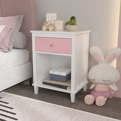 Wooden Nightstand with One Drawer and Open Shelf for Bedroom- White+Pink
