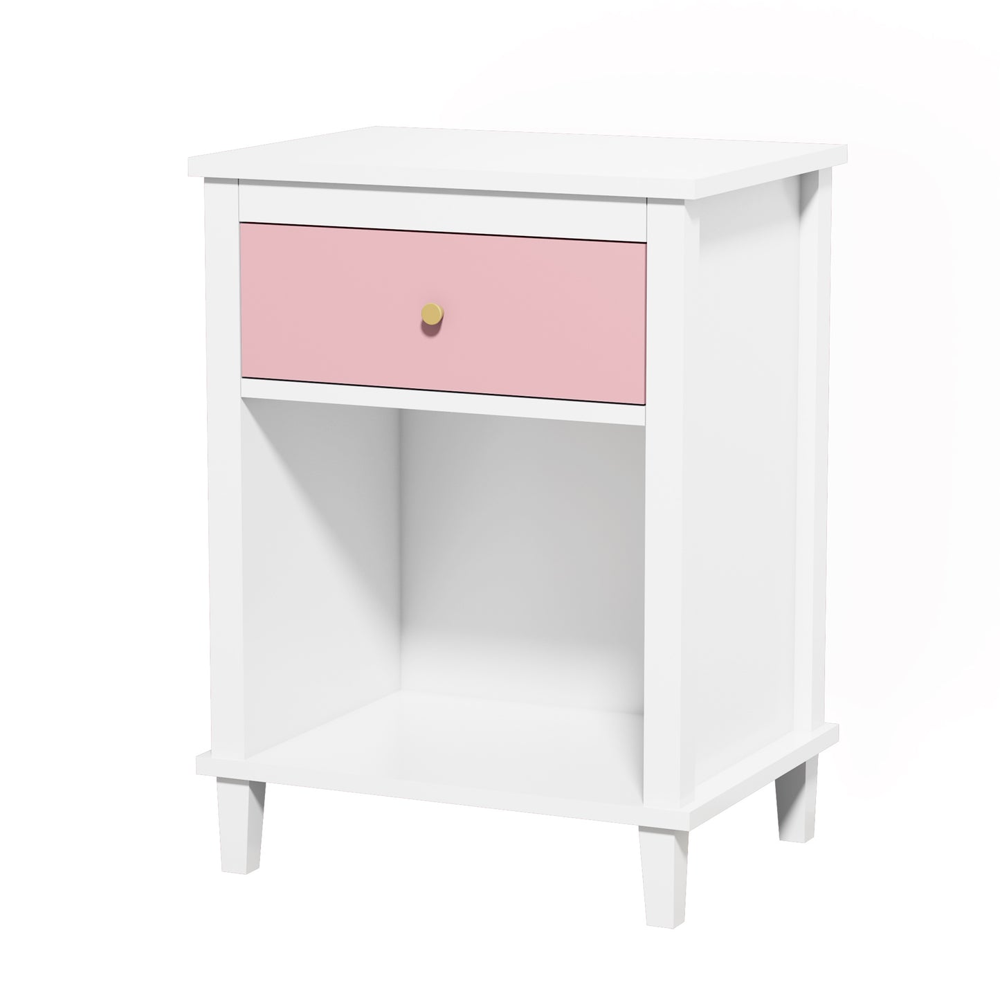 Wooden Nightstand with One Drawer and Open Shelf for Bedroom- White+Pink