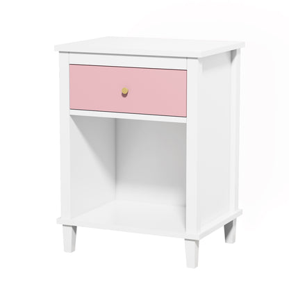 Wooden Nightstand with One Drawer and Open Shelf for Bedroom- White+Pink
