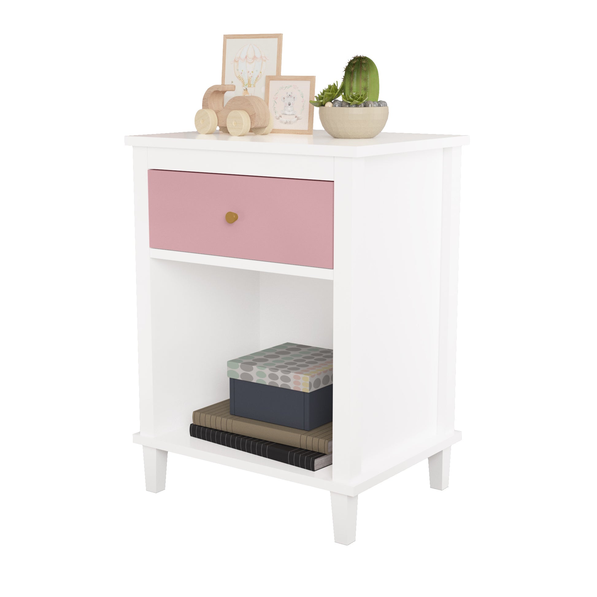 Wooden Nightstand with One Drawer and Open Shelf for Bedroom- White+Pink