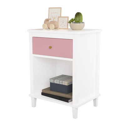 Wooden Nightstand with One Drawer and Open Shelf for Bedroom- White+Pink