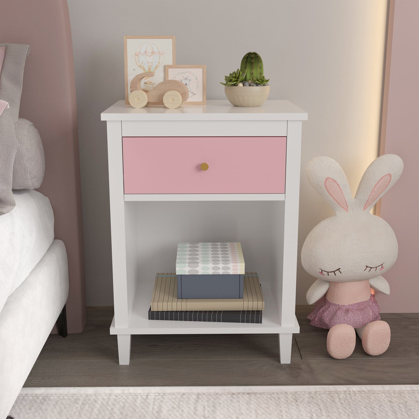 Wooden Nightstand with One Drawer and Open Shelf for Bedroom- White+Pink