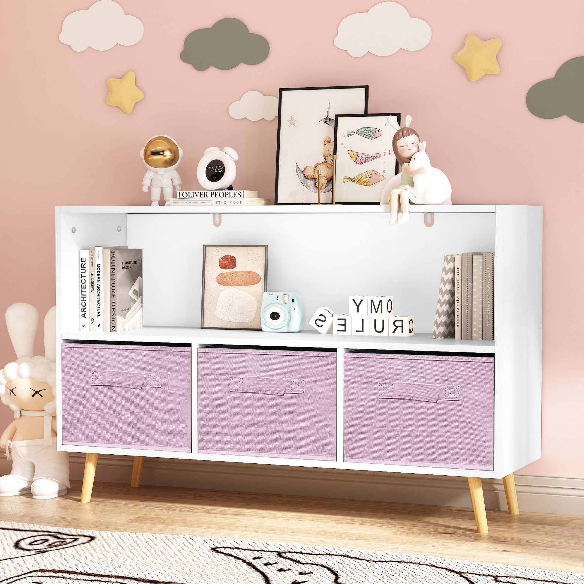 Kid’s Bookcase with Collapsible Drawers Toy Storage Organizer- White+Pink
