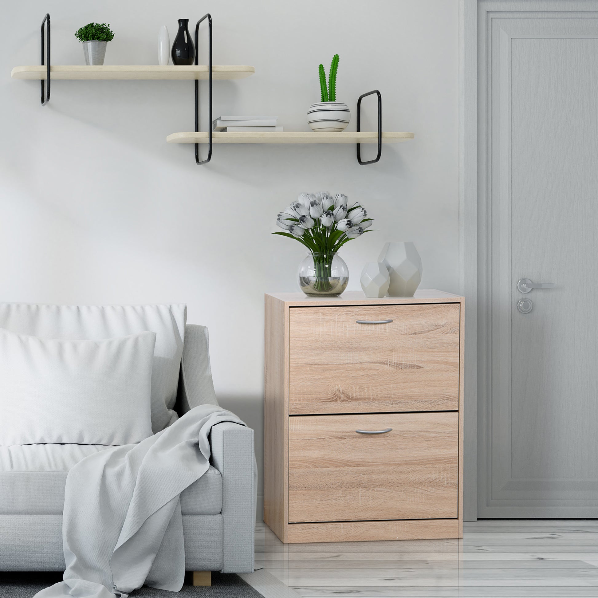 Entryway Wooden Shoe Storage and Cabinet with 2 Flip Doors- Natural